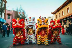 Dragon or lion dance show barongsai in celebration chinese lunar new year festival. Asian traditional concept by AI Generated photo