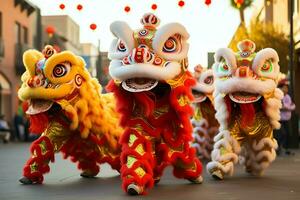 continuar o león danza espectáculo barongsai en celebracion chino lunar nuevo año festival. asiático tradicional concepto por ai generado foto