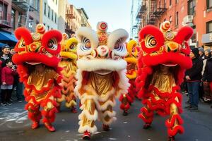 continuar o león danza espectáculo barongsai en celebracion chino lunar nuevo año festival. asiático tradicional concepto por ai generado foto