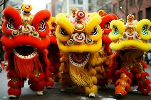 Dragon or lion dance show barongsai in celebration chinese lunar new year festival. Asian traditional concept by AI Generated photo