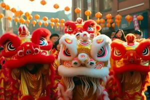 continuar o león danza espectáculo barongsai en celebracion chino lunar nuevo año festival. asiático tradicional concepto por ai generado foto