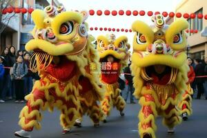 Dragon or lion dance show barongsai in celebration chinese lunar new year festival. Asian traditional concept by AI Generated photo