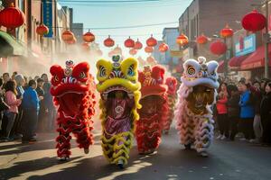 Dragon or lion dance show barongsai in celebration chinese lunar new year festival. Asian traditional concept by AI Generated photo