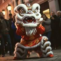 continuar o león danza espectáculo barongsai en celebracion chino lunar nuevo año festival. asiático tradicional concepto por ai generado foto