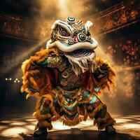 continuar o león danza espectáculo barongsai en celebracion chino lunar nuevo año festival. asiático tradicional concepto por ai generado foto