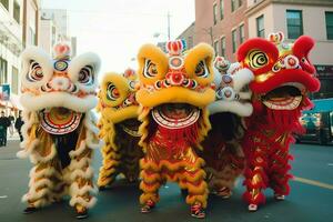 Dragon or lion dance show barongsai in celebration chinese lunar new year festival. Asian traditional concept by AI Generated photo