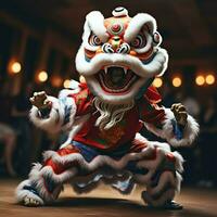 Dragon or lion dance show barongsai in celebration chinese lunar new year festival. Asian traditional concept by AI Generated photo