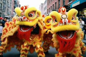 Dragon or lion dance show barongsai in celebration chinese lunar new year festival. Asian traditional concept by AI Generated photo