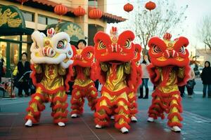 Dragon or lion dance show barongsai in celebration chinese lunar new year festival. Asian traditional concept by AI Generated photo