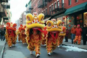 Dragon or lion dance show barongsai in celebration chinese lunar new year festival. Asian traditional concept by AI Generated photo