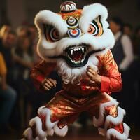 Dragon or lion dance show barongsai in celebration chinese lunar new year festival. Asian traditional concept by AI Generated photo