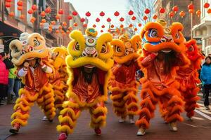 Dragon or lion dance show barongsai in celebration chinese lunar new year festival. Asian traditional concept by AI Generated photo