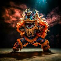 Dragon or lion dance show barongsai in celebration chinese lunar new year festival. Asian traditional concept by AI Generated photo