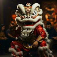 Dragon or lion dance show barongsai in celebration chinese lunar new year festival. Asian traditional concept by AI Generated photo