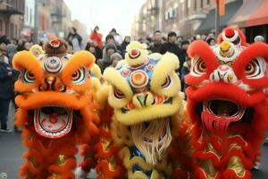 Dragon or lion dance show barongsai in celebration chinese lunar new year festival. Asian traditional concept by AI Generated photo