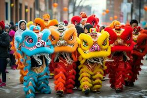 Dragon or lion dance show barongsai in celebration chinese lunar new year festival. Asian traditional concept by AI Generated photo