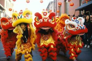 continuar o león danza espectáculo barongsai en celebracion chino lunar nuevo año festival. asiático tradicional concepto por ai generado foto