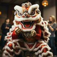 Dragon or lion dance show barongsai in celebration chinese lunar new year festival. Asian traditional concept by AI Generated photo