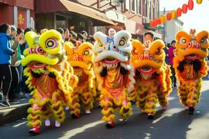 Dragon or lion dance show barongsai in celebration chinese lunar new year festival. Asian traditional concept by AI Generated photo