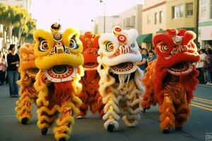 Dragon or lion dance show barongsai in celebration chinese lunar new year festival. Asian traditional concept by AI Generated photo