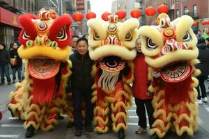 continuar o león danza espectáculo barongsai en celebracion chino lunar nuevo año festival. asiático tradicional concepto por ai generado foto