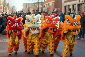 continuar o león danza espectáculo barongsai en celebracion chino lunar nuevo año festival. asiático tradicional concepto por ai generado foto