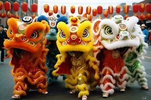 Dragon or lion dance show barongsai in celebration chinese lunar new year festival. Asian traditional concept by AI Generated photo