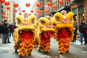 Dragon or lion dance show barongsai in celebration chinese lunar new year festival. Asian traditional concept by AI Generated photo