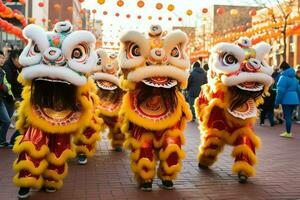 Dragon or lion dance show barongsai in celebration chinese lunar new year festival. Asian traditional concept by AI Generated photo