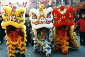 continuar o león danza espectáculo barongsai en celebracion chino lunar nuevo año festival. asiático tradicional concepto por ai generado foto