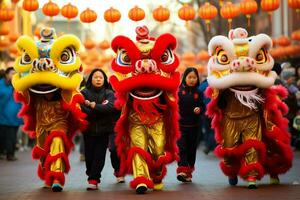 continuar o león danza espectáculo barongsai en celebracion chino lunar nuevo año festival. asiático tradicional concepto por ai generado foto