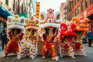 continuar o león danza espectáculo barongsai en celebracion chino lunar nuevo año festival. asiático tradicional concepto por ai generado foto