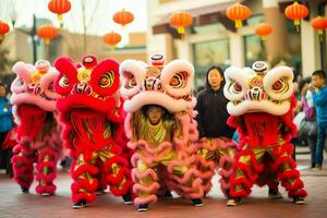 continuar o león danza espectáculo barongsai en celebracion chino lunar nuevo año festival. asiático tradicional concepto por ai generado foto