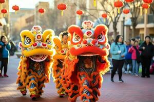 Dragon or lion dance show barongsai in celebration chinese lunar new year festival. Asian traditional concept by AI Generated photo