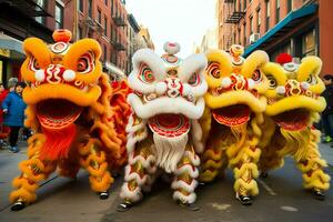 continuar o león danza espectáculo barongsai en celebracion chino lunar nuevo año festival. asiático tradicional concepto por ai generado foto