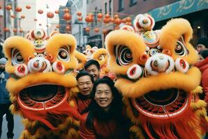 continuar o león danza espectáculo barongsai en celebracion chino lunar nuevo año festival. asiático tradicional concepto por ai generado foto