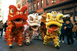 continuar o león danza espectáculo barongsai en celebracion chino lunar nuevo año festival. asiático tradicional concepto por ai generado foto