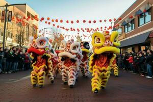 Dragon or lion dance show barongsai in celebration chinese lunar new year festival. Asian traditional concept by AI Generated photo