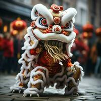 continuar o león danza espectáculo barongsai en celebracion chino lunar nuevo año festival. asiático tradicional concepto por ai generado foto