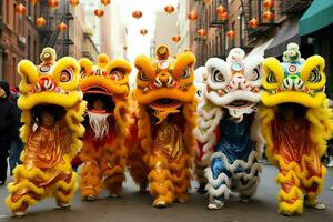 Dragon or lion dance show barongsai in celebration chinese lunar new year festival. Asian traditional concept by AI Generated photo