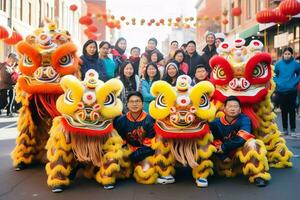 continuar o león danza espectáculo barongsai en celebracion chino lunar nuevo año festival. asiático tradicional concepto por ai generado foto