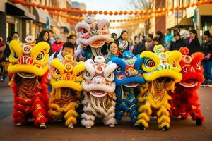 continuar o león danza espectáculo barongsai en celebracion chino lunar nuevo año festival. asiático tradicional concepto por ai generado foto