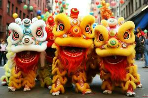 Dragon or lion dance show barongsai in celebration chinese lunar new year festival. Asian traditional concept by AI Generated photo