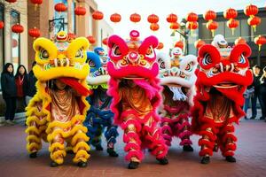 Dragon or lion dance show barongsai in celebration chinese lunar new year festival. Asian traditional concept by AI Generated photo