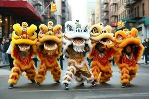 continuar o león danza espectáculo barongsai en celebracion chino lunar nuevo año festival. asiático tradicional concepto por ai generado foto