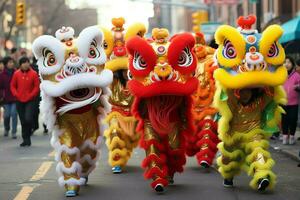 continuar o león danza espectáculo barongsai en celebracion chino lunar nuevo año festival. asiático tradicional concepto por ai generado foto