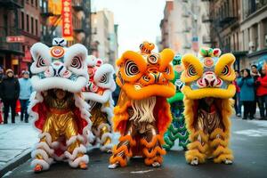 continuar o león danza espectáculo barongsai en celebracion chino lunar nuevo año festival. asiático tradicional concepto por ai generado foto