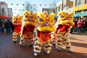 continuar o león danza espectáculo barongsai en celebracion chino lunar nuevo año festival. asiático tradicional concepto por ai generado foto