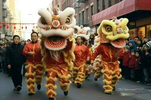 continuar o león danza espectáculo barongsai en celebracion chino lunar nuevo año festival. asiático tradicional concepto por ai generado foto