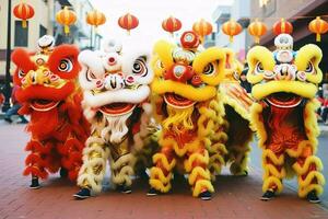 Dragon or lion dance show barongsai in celebration chinese lunar new year festival. Asian traditional concept by AI Generated photo